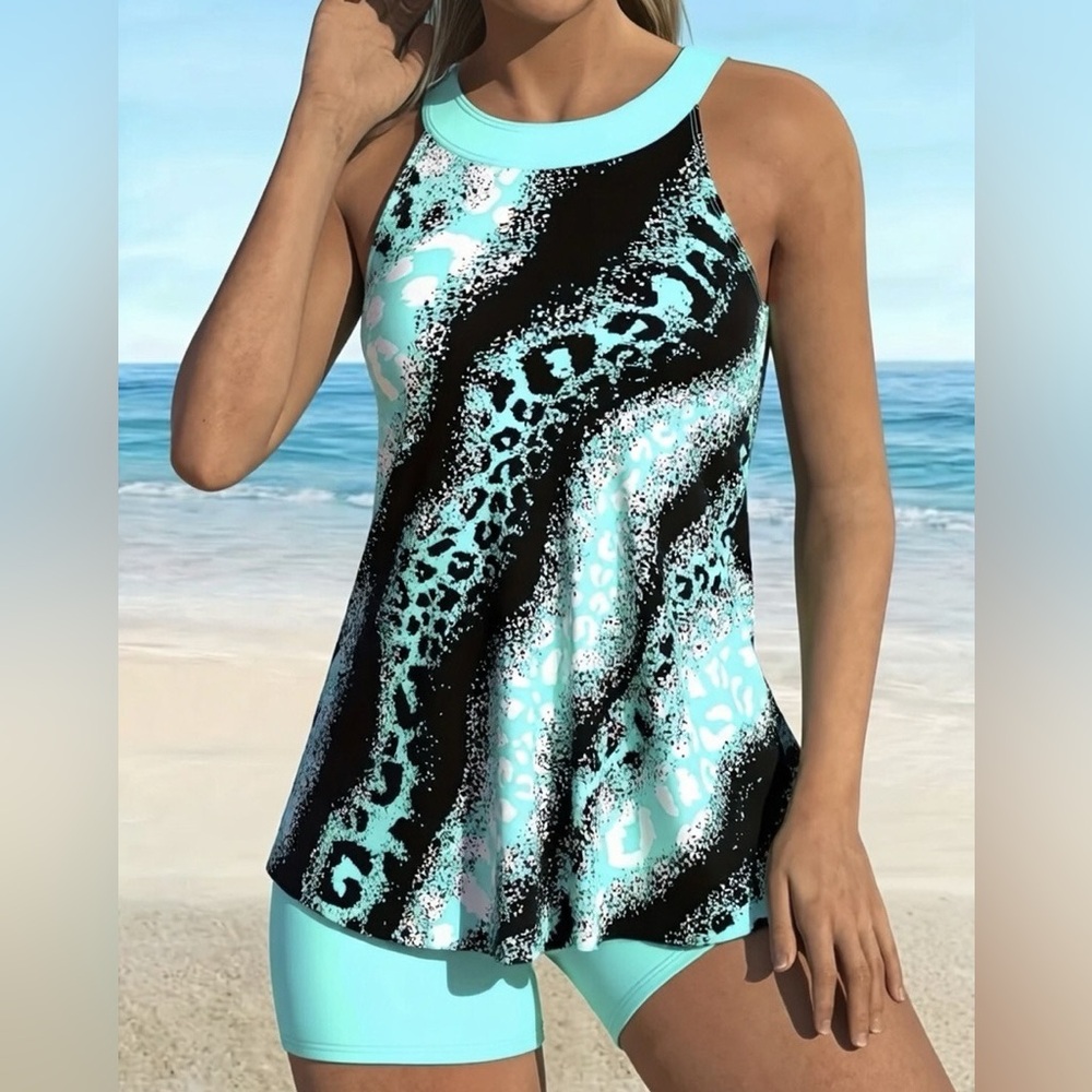 NEW 2 Piece Swim Tankini set , abstract teal and black #SW-T2-0030